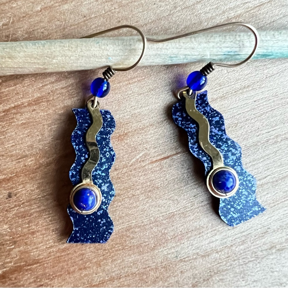 Artisan blue and gold tone geometric dangle earrings